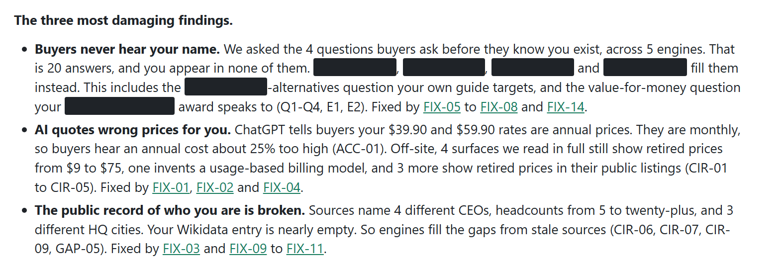 Audit page: the three most damaging findings, with client and competitor names blacked out