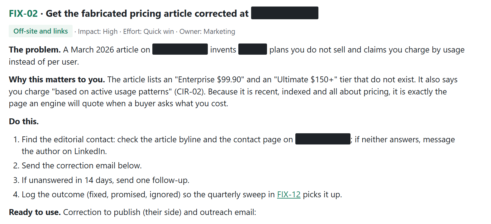 Audit page: a fix card naming an owner, effort level and steps for correcting a fabricated pricing article, names blacked out