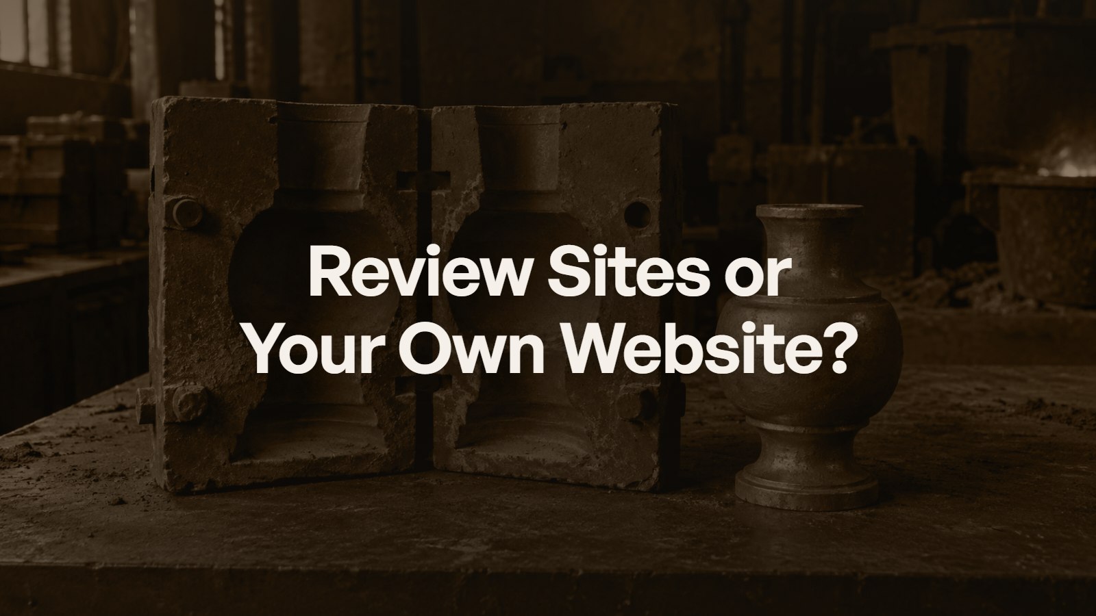 AI-generated photo of a casting mould beside a matching metal vessel in a dim foundry, titled Review Sites or Your Own Website?