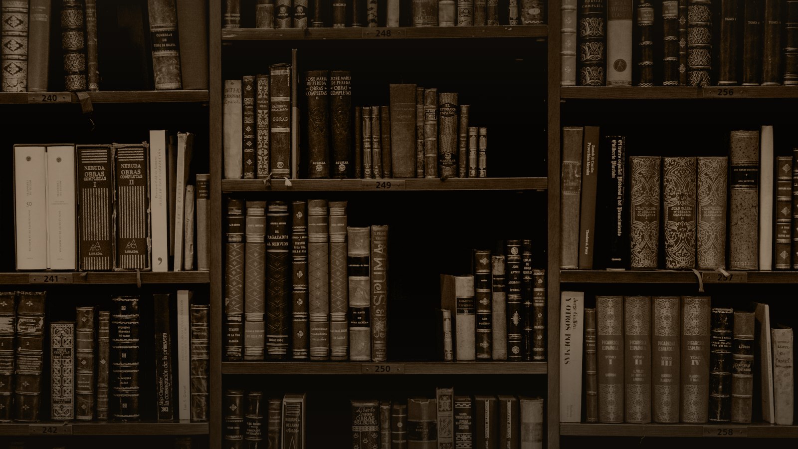Sepia-toned photo of antique book spines on numbered shop shelves