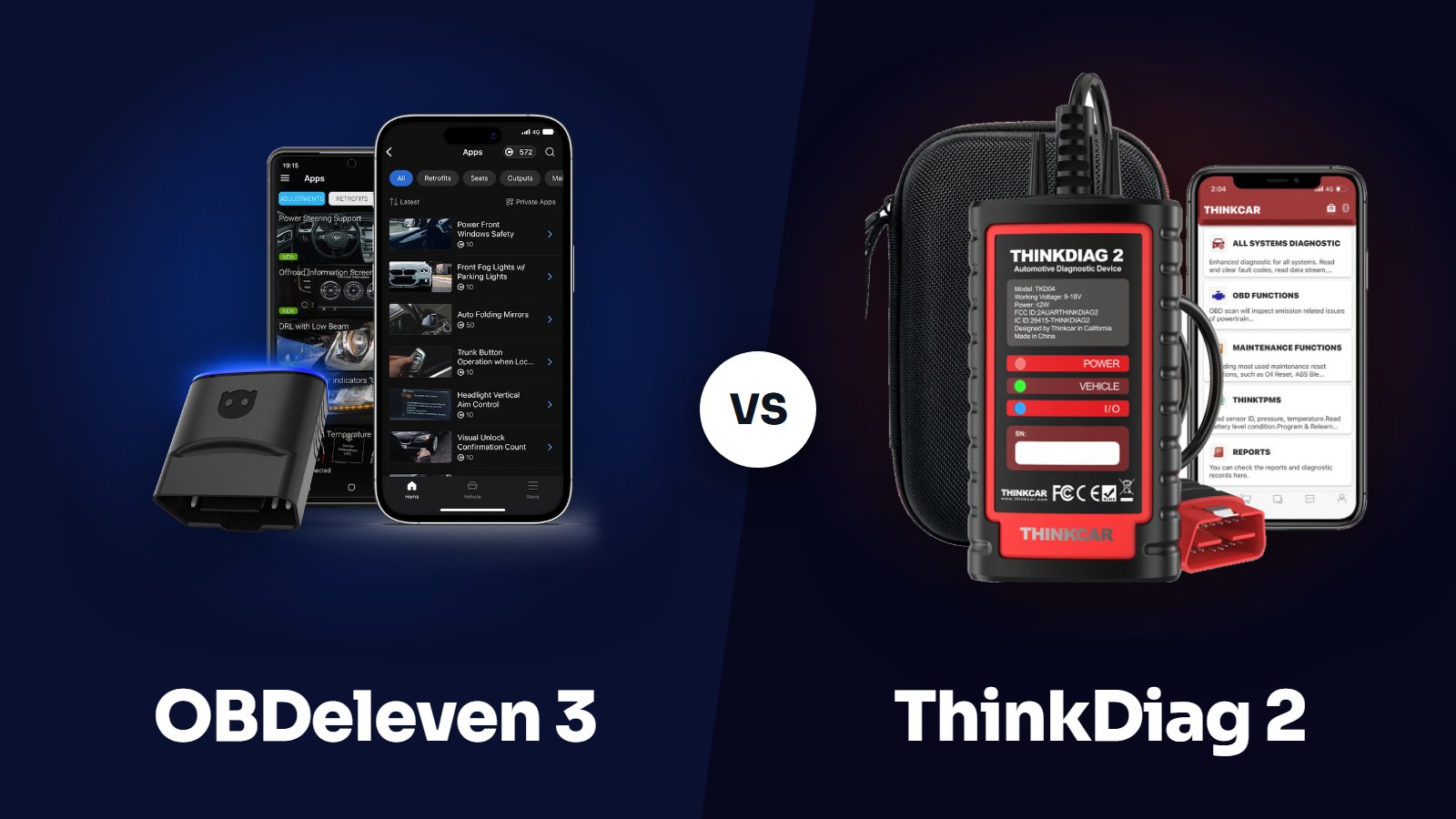 OBDeleven 3 vs ThinkDiag 2 split banner: the official OBDeleven 3 render in a blue glow on the left, the ThinkDiag 2 render in an orange glow on the right