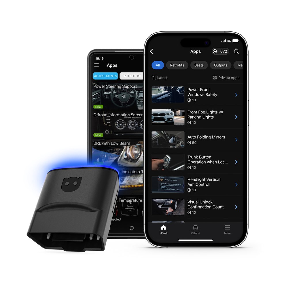 OBDeleven 3 device with the app showing the One-Click Apps list