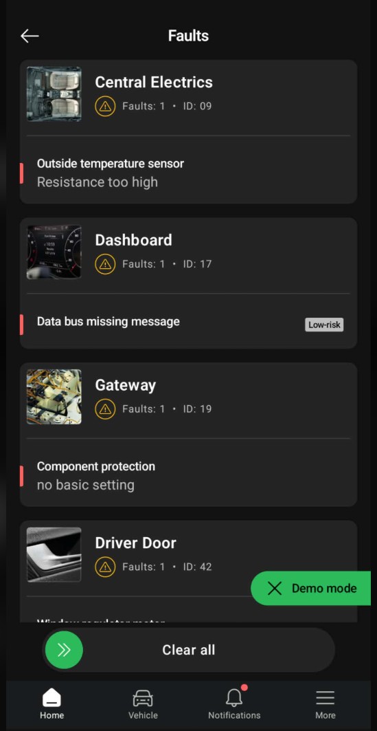 OBDeleven app fault list organized by control unit with plain-language descriptions and a Low-risk severity label