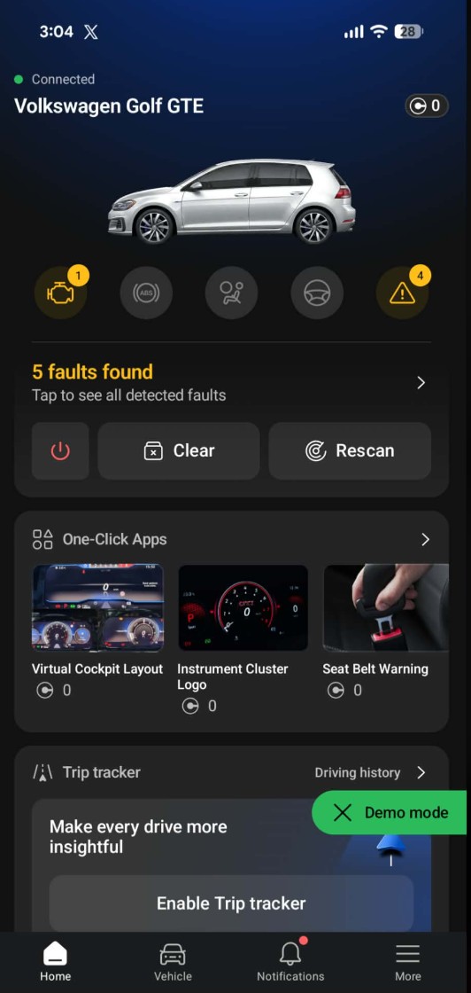 OBDeleven app scan overview showing 5 faults found on a Volkswagen Golf GTE