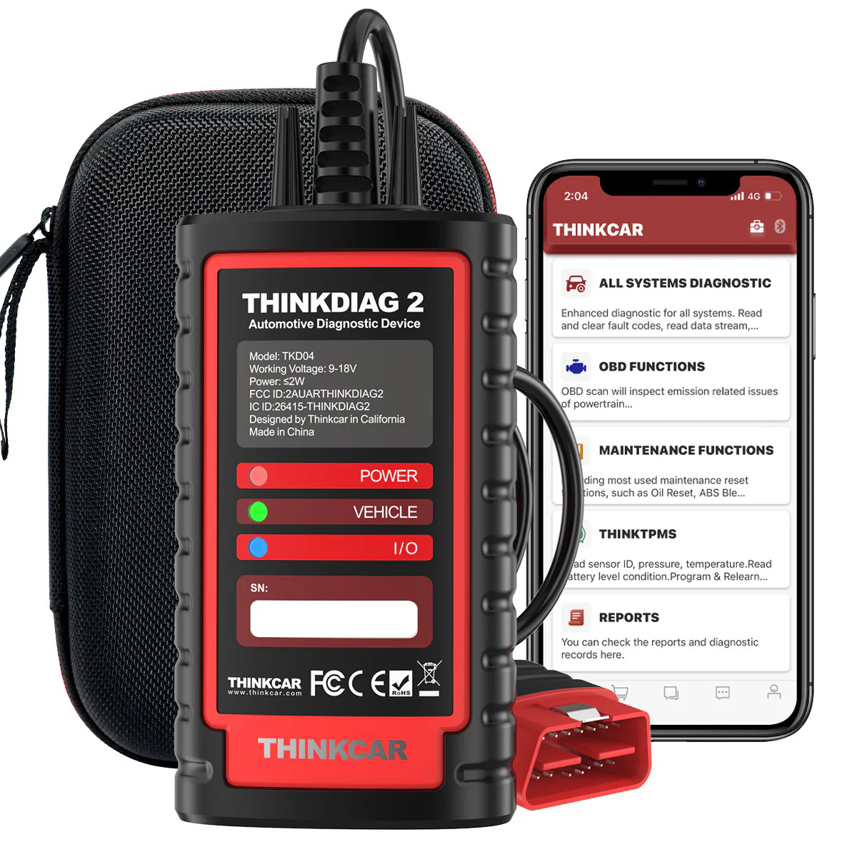 ThinkDiag 2 device with its carry case and the ThinkCar app on a phone